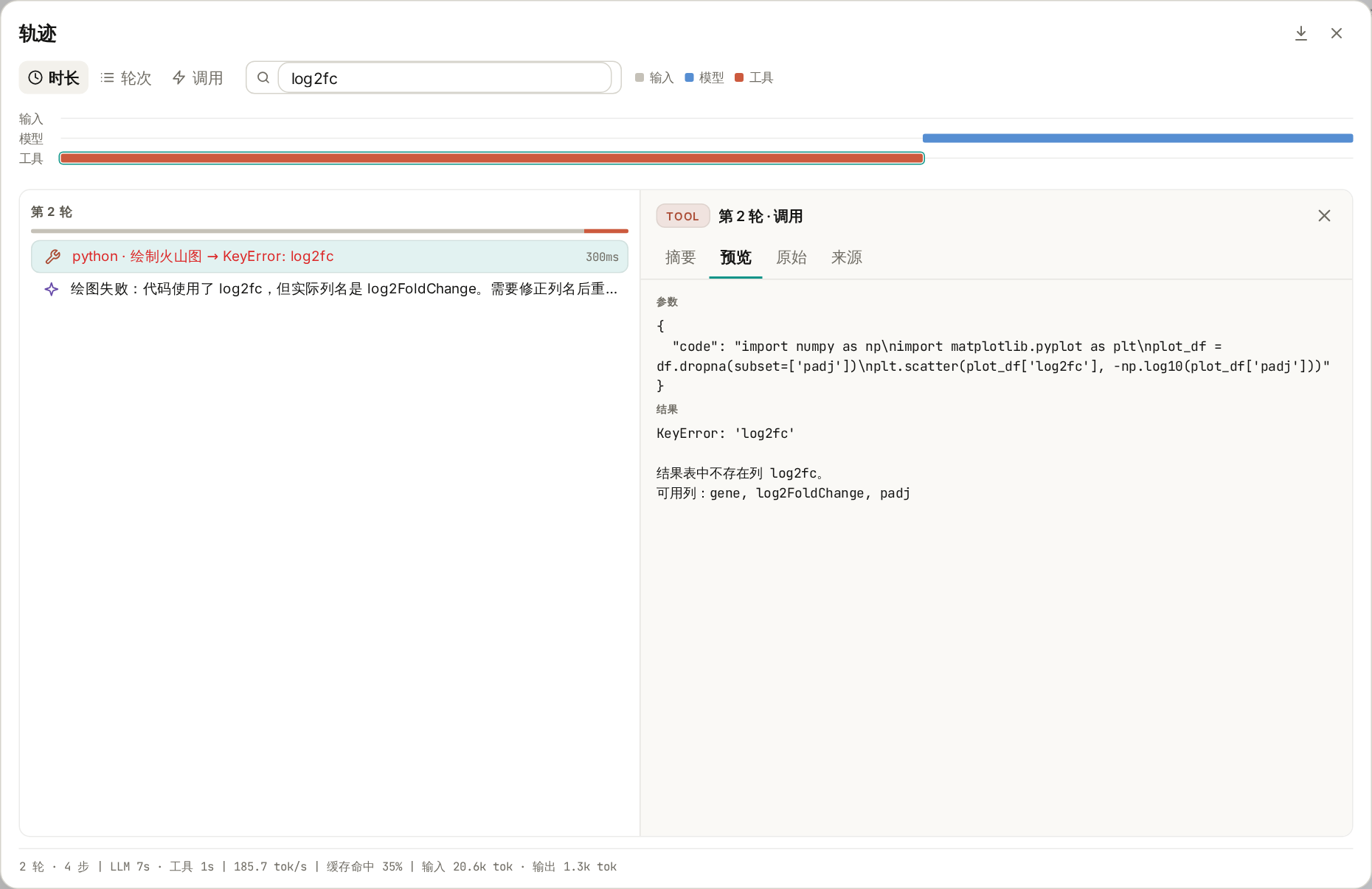 搜索 log2fc 后定位失败的绘图调用,右侧显示参数和 KeyError 报错