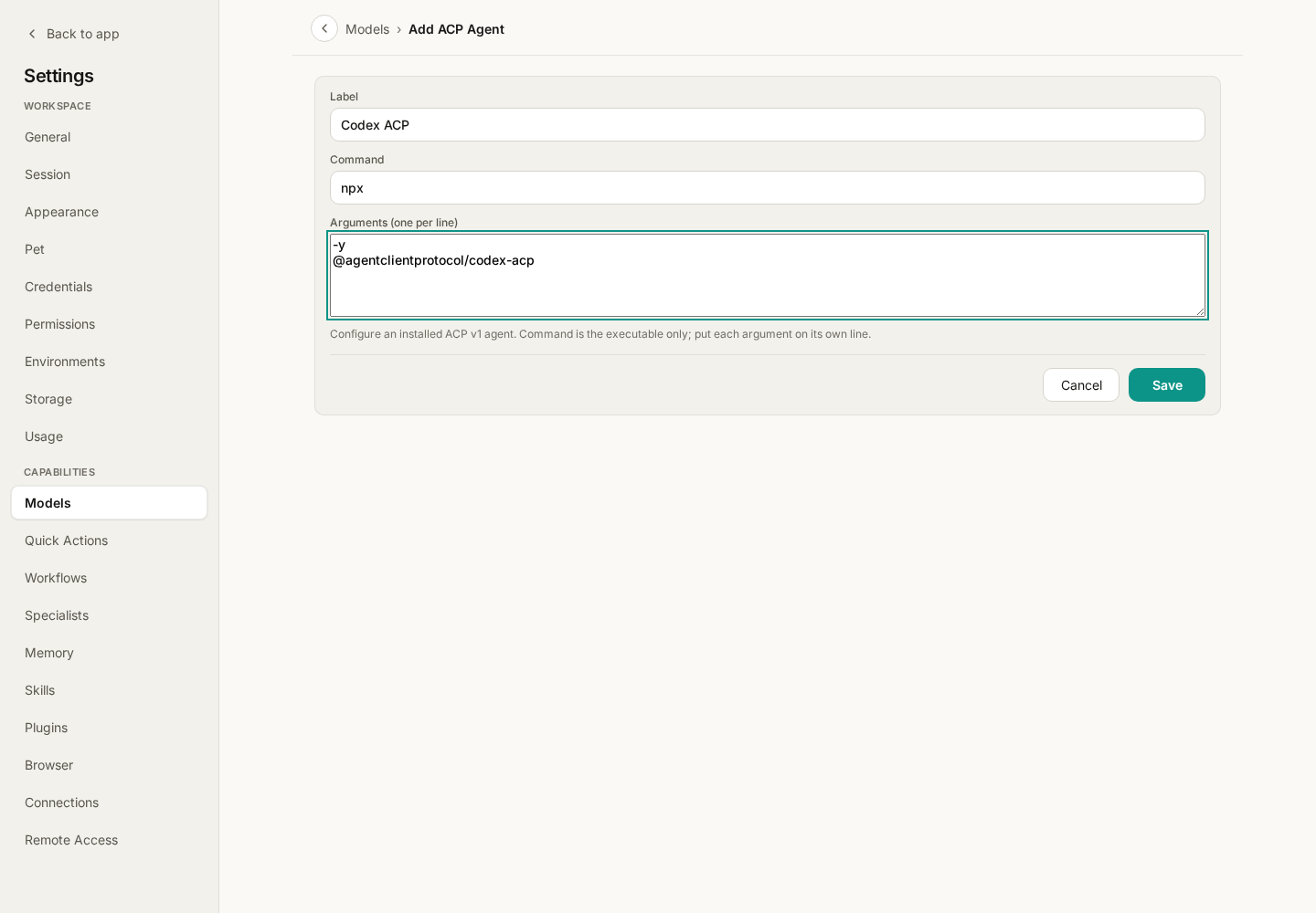 ACP agent form with separate command and argument fields