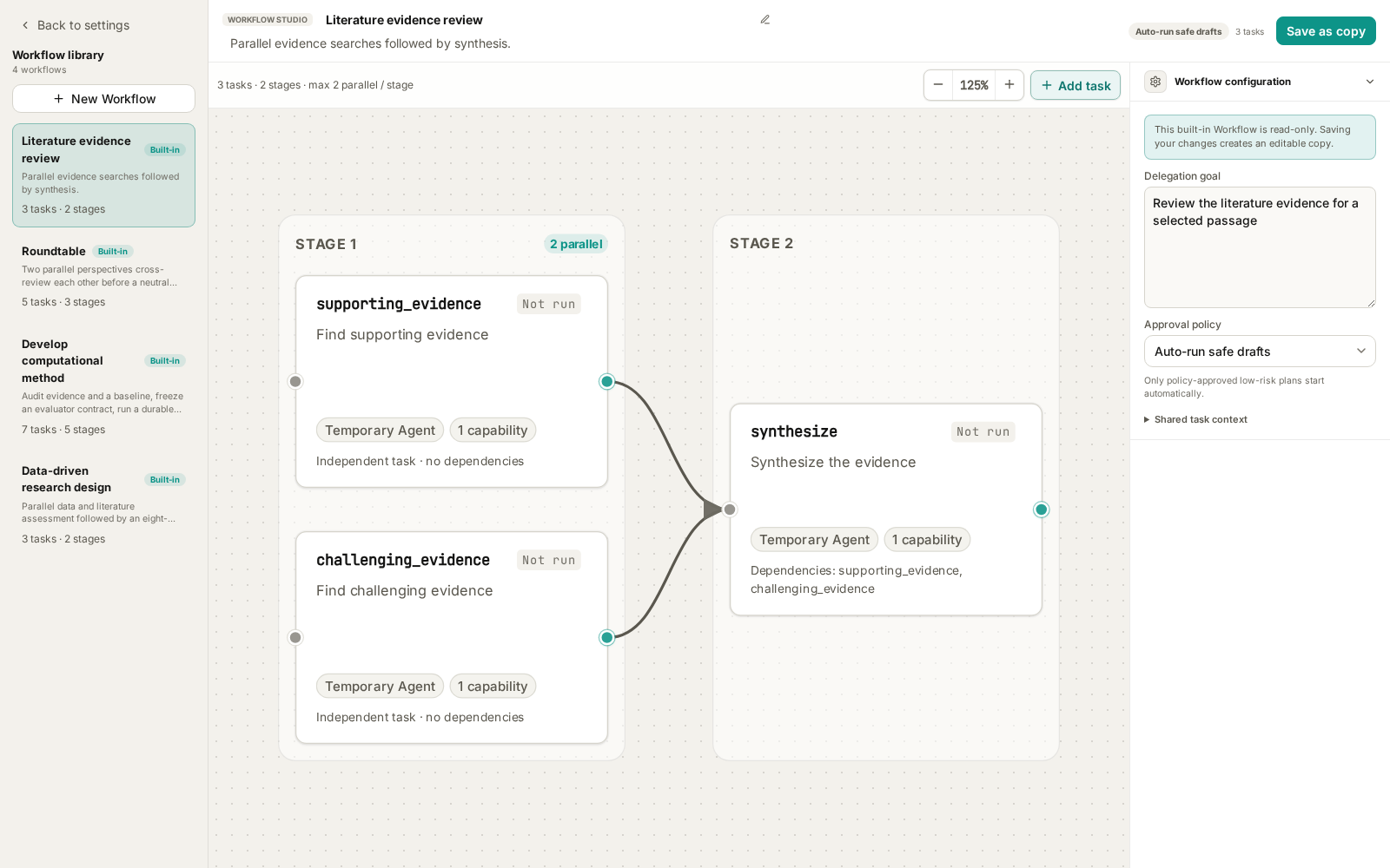 Workflow library and literature evidence review graph