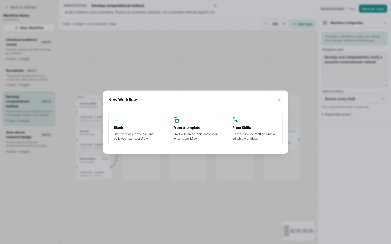 New workflow dialog with Blank, From a template, and From Skills