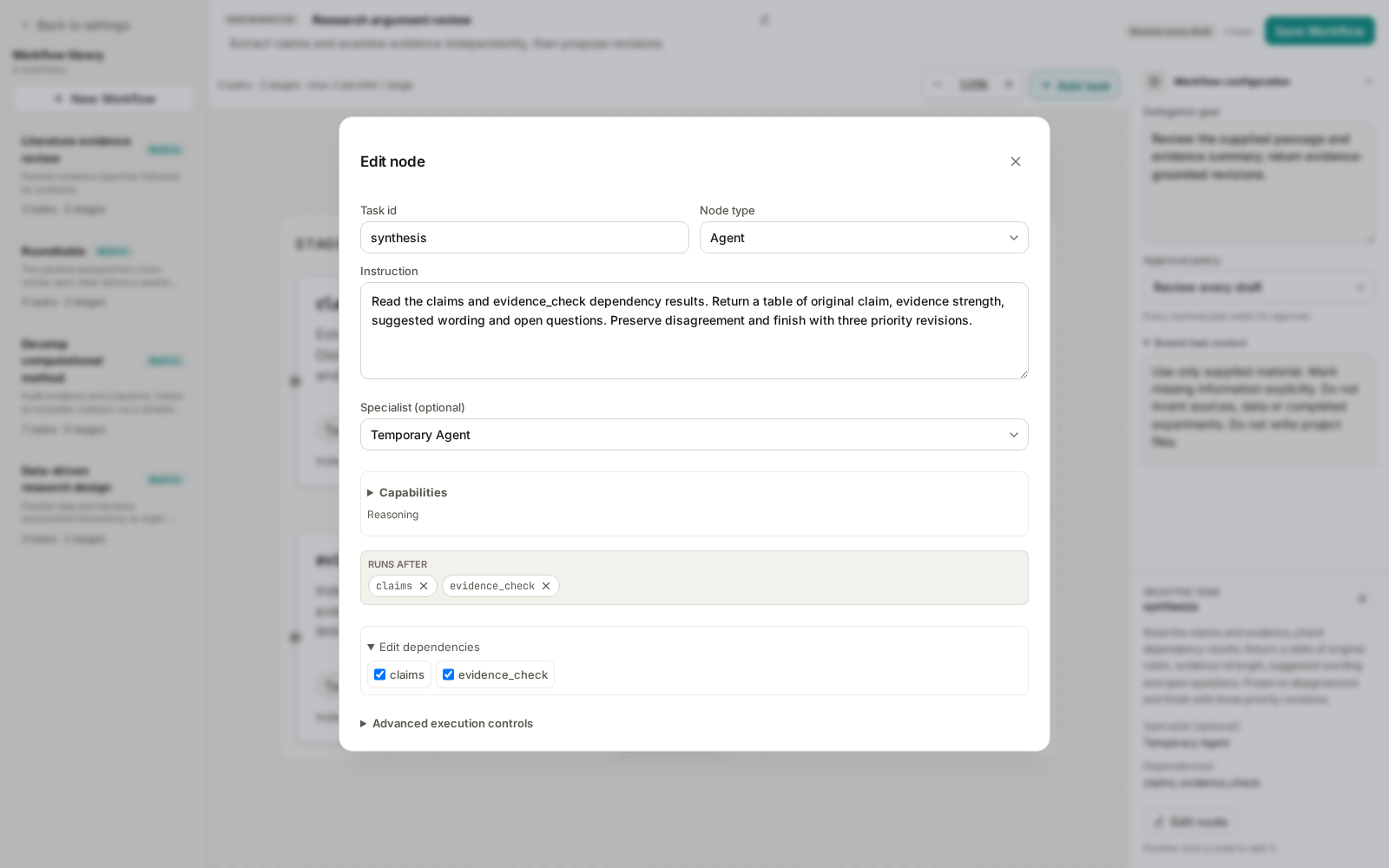 Synthesis task instructions and both upstream dependencies selected