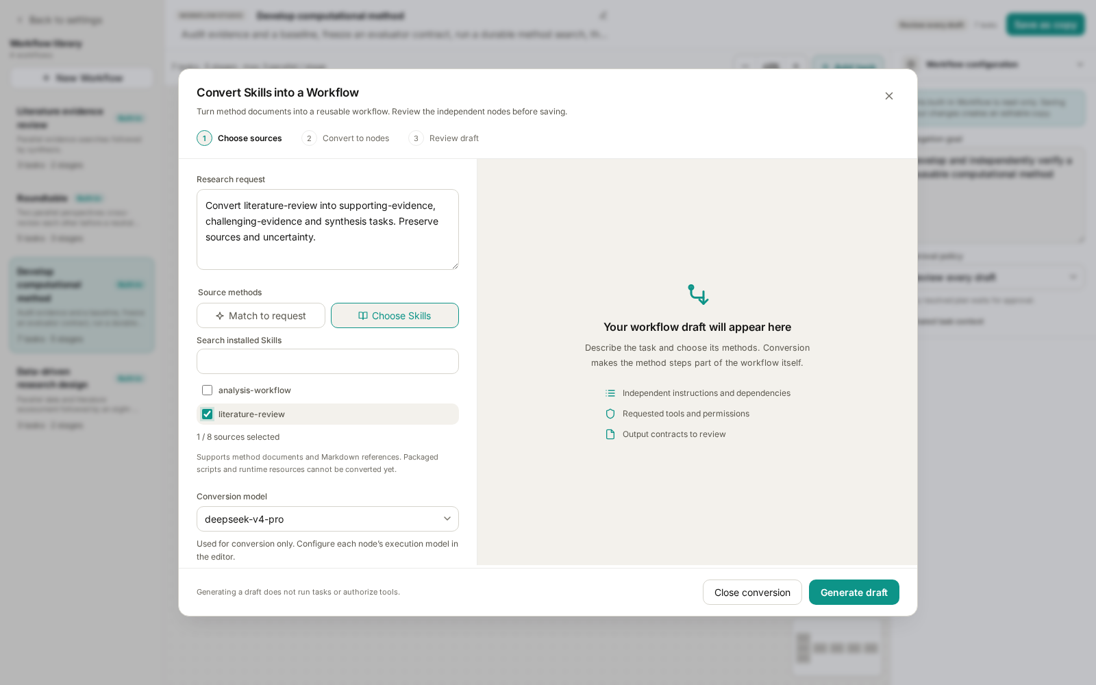 Skill conversion with a request, literature-review selected manually, and a conversion model