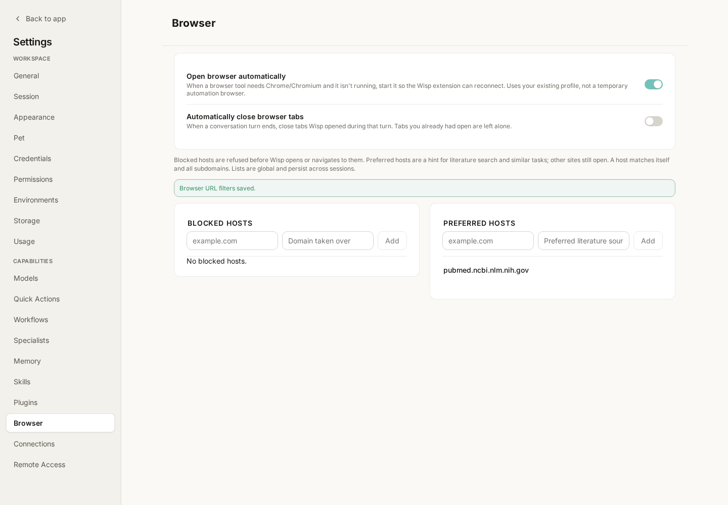 Browser settings with automatic launching, tab cleanup, and preferred domains