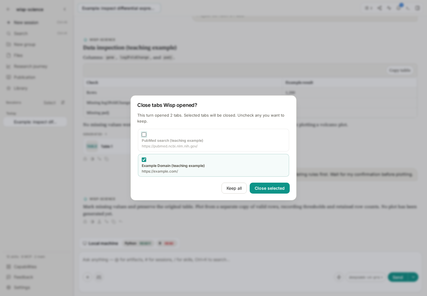 Tab cleanup dialog with a page deselected so it remains open