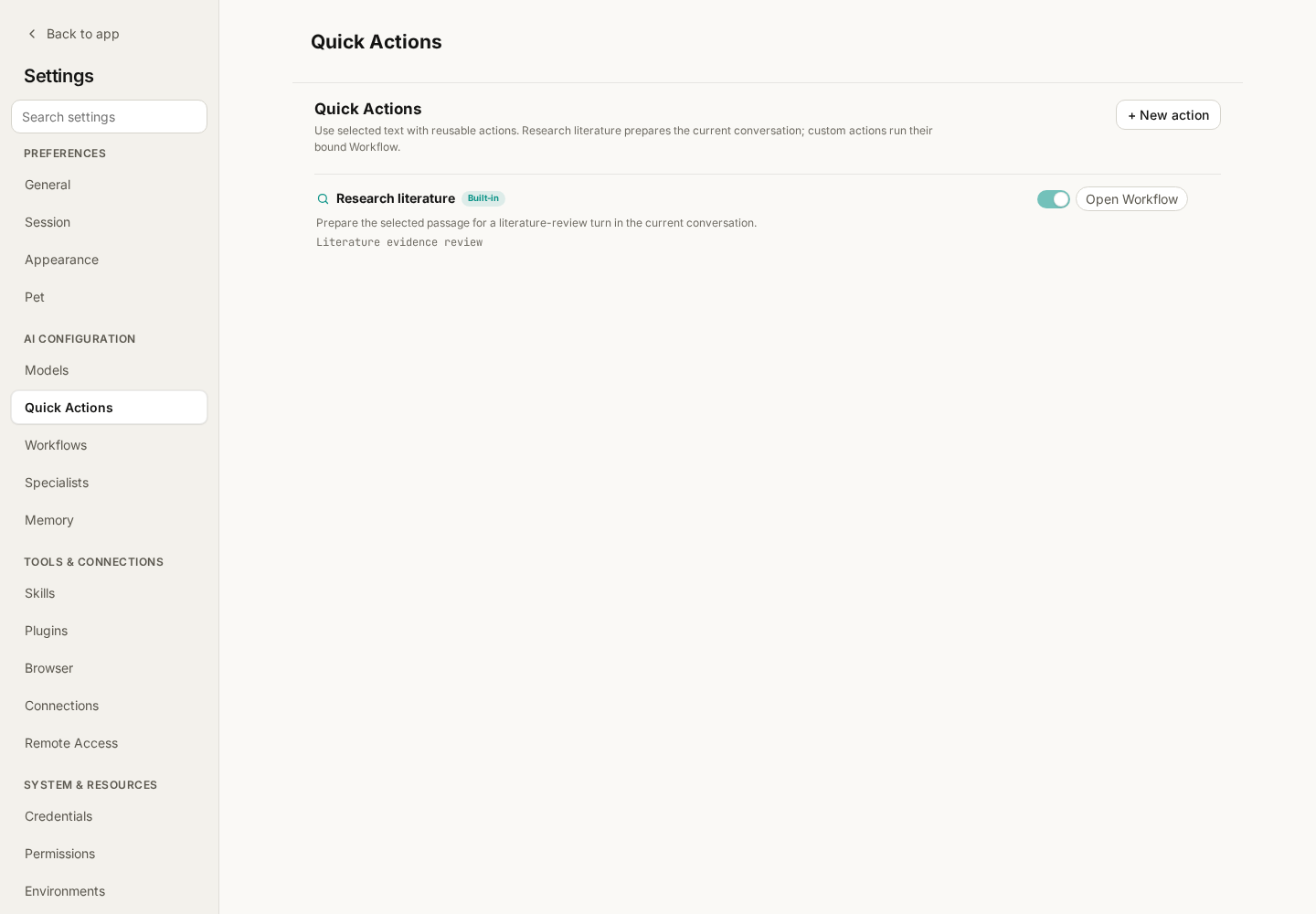 Quick Actions settings with the built-in Research literature entry, toggle, and Workflow link