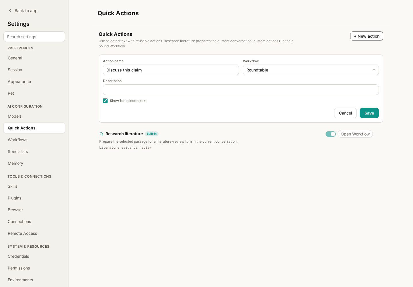 New Quick Action named Discuss this claim and bound to the Roundtable Workflow