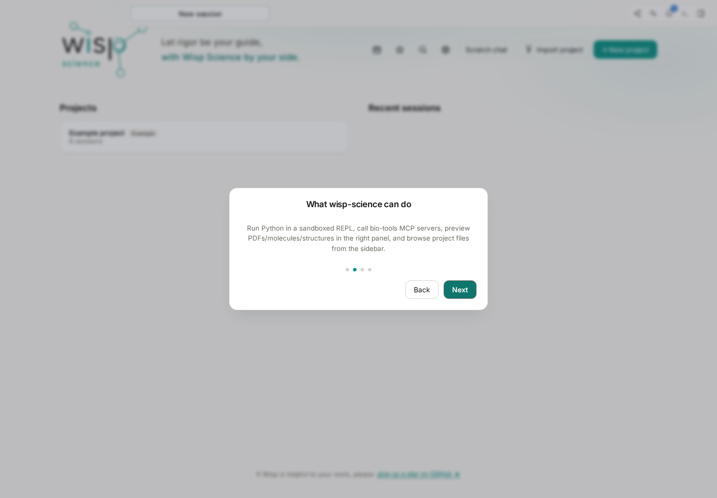 The onboarding page introducing Wisp Science features