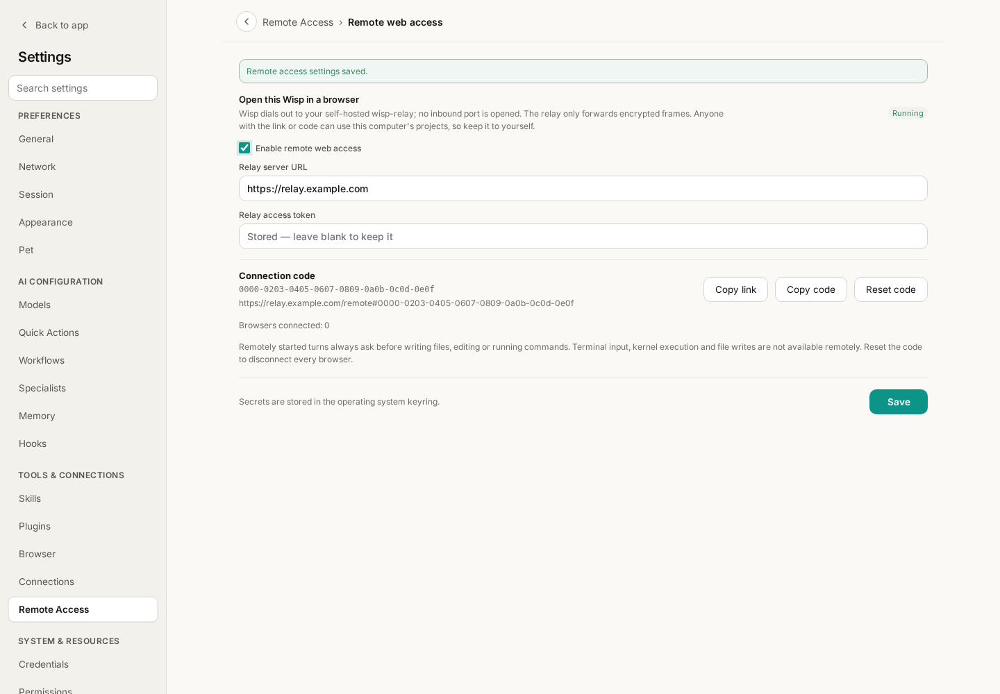 Remote web access settings with the relay server URL, access token, connection code and a link to copy