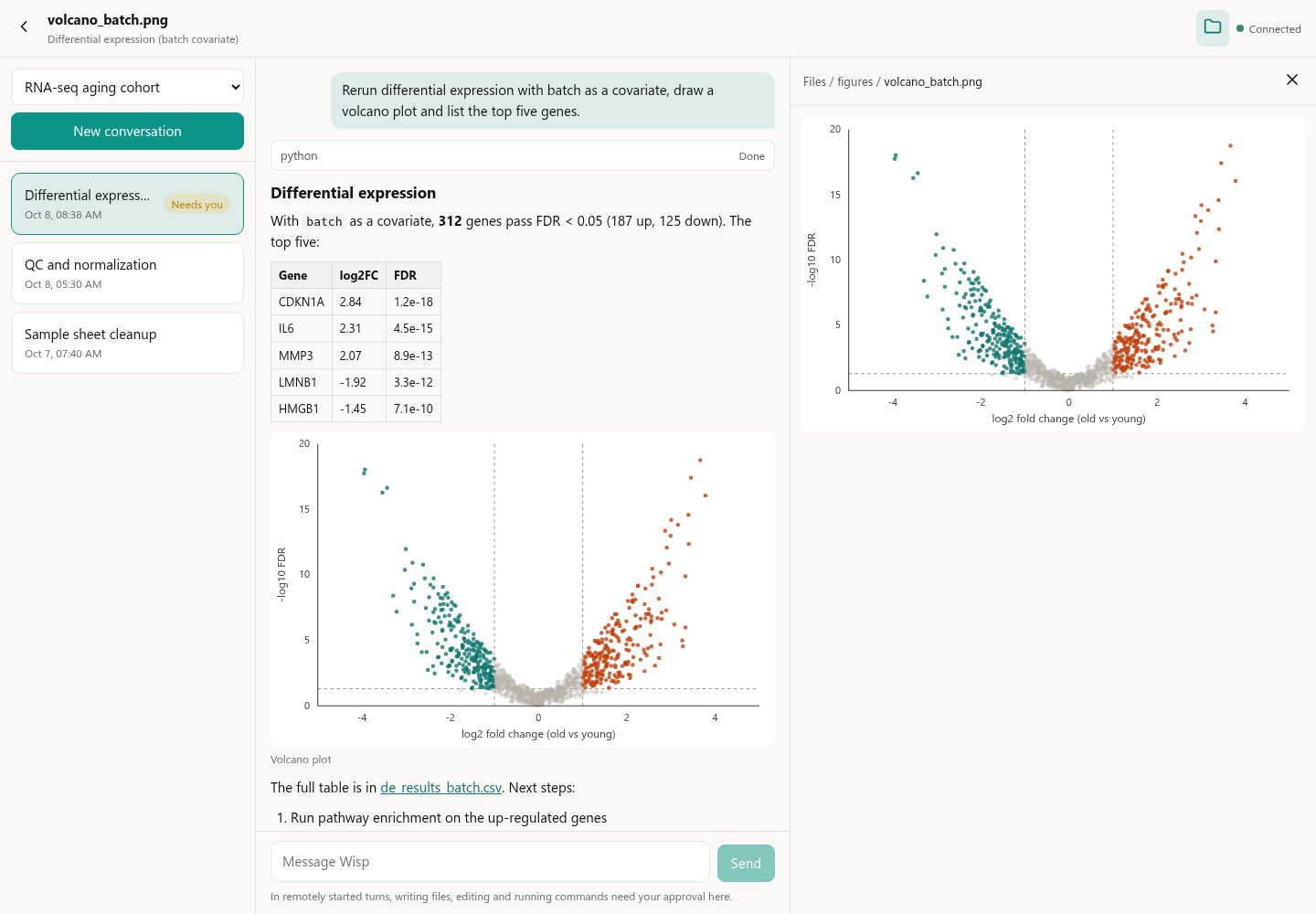 Files pane previewing the volcano plot from the figures folder beside the conversation