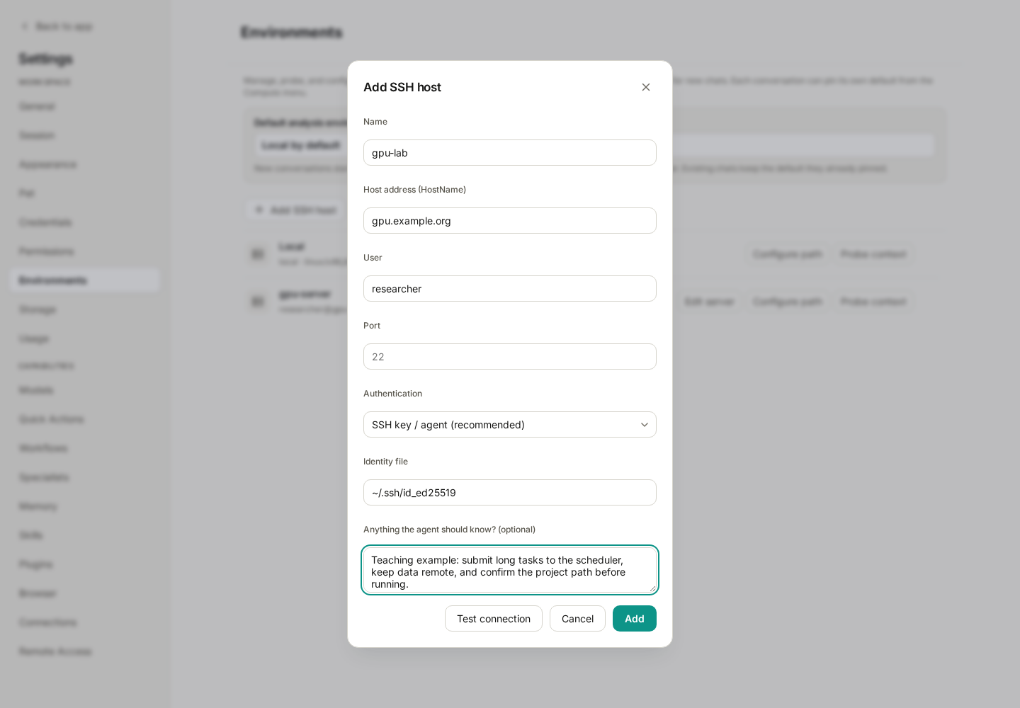 Add SSH host form with alias, hostname, account, key path, and agent notes