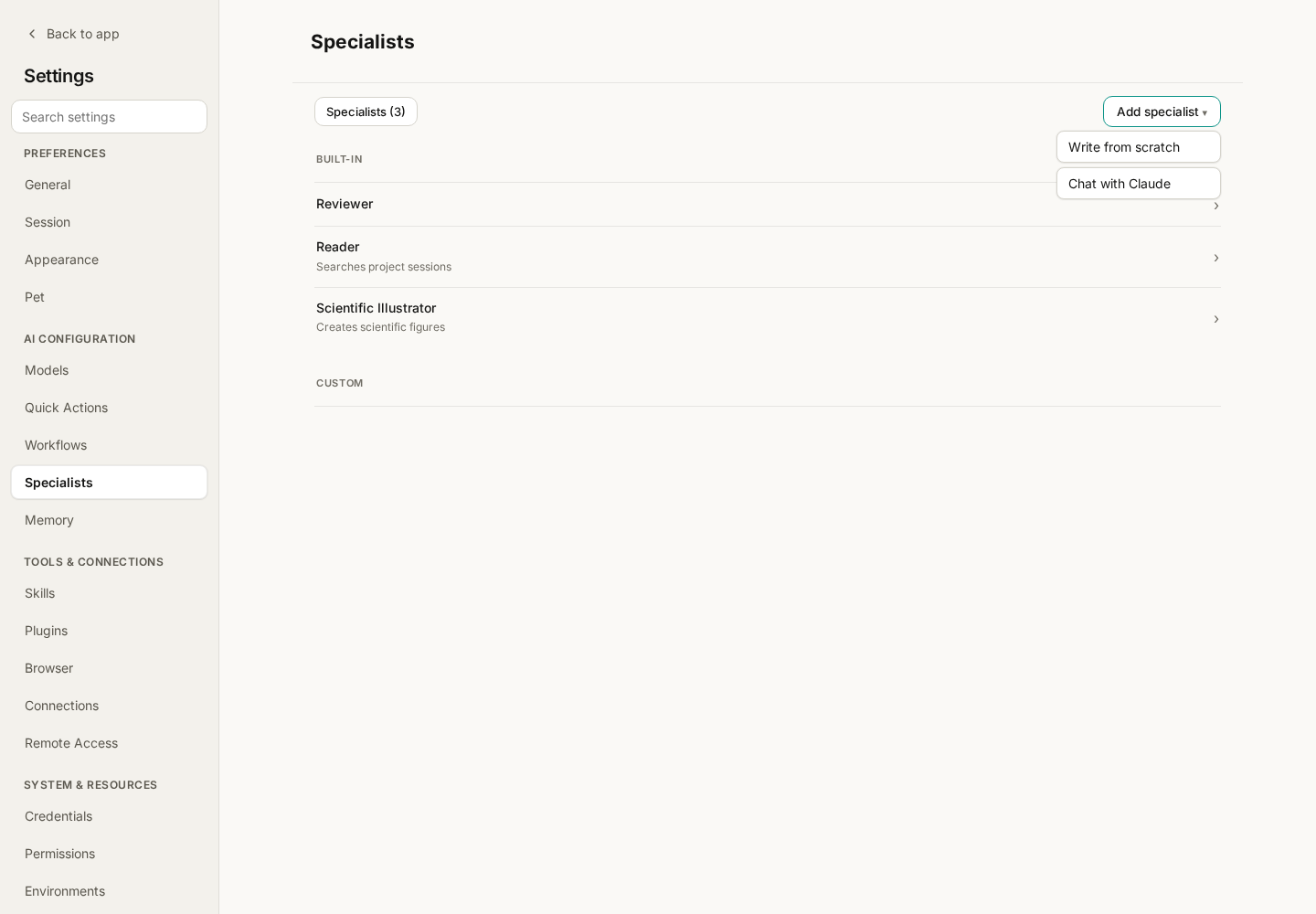 Specialists settings with Reviewer, Reader, Scientific Illustrator, and the expanded Add specialist menu