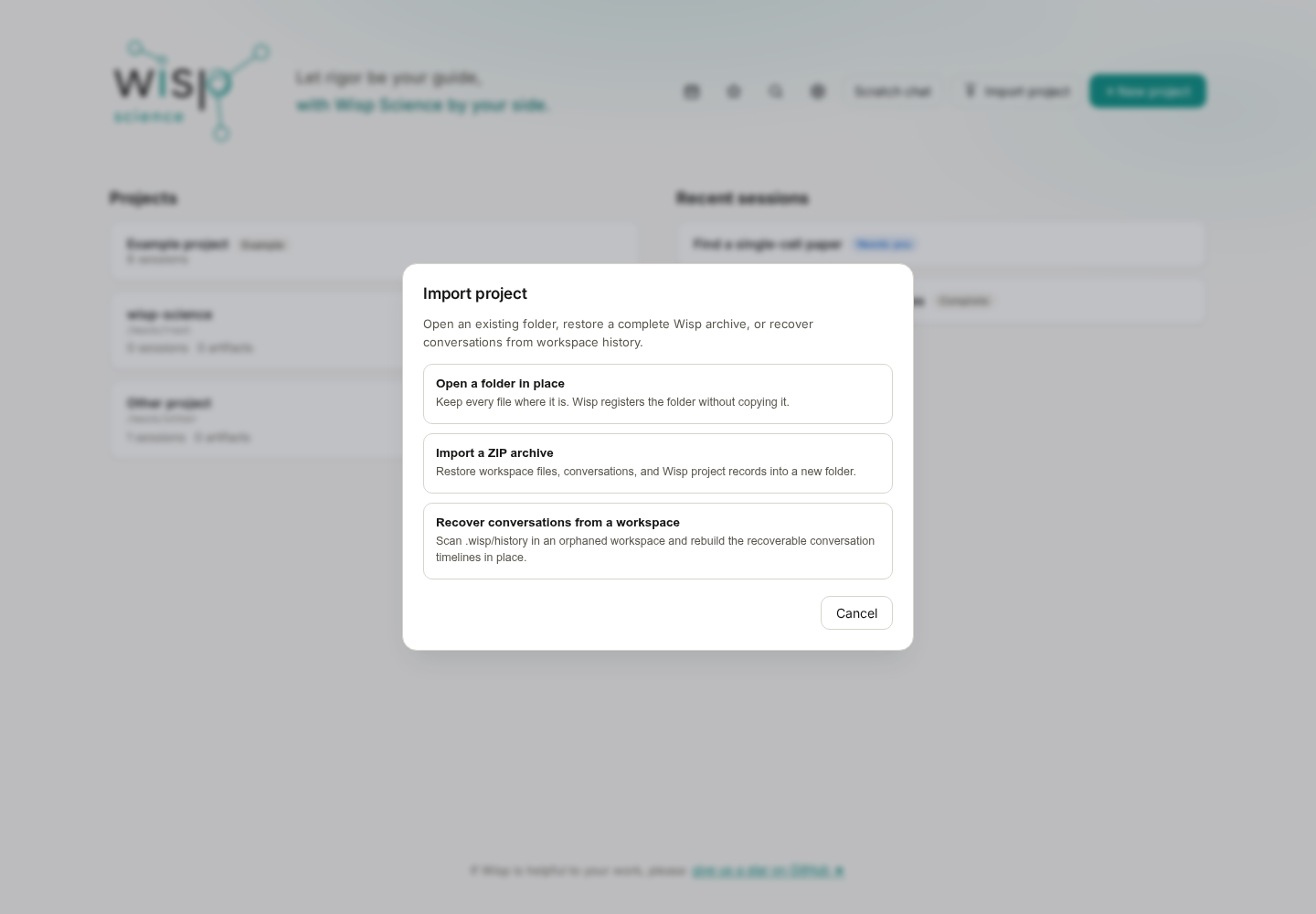 Project import choices: open a folder in place, import a ZIP, or recover workspace conversations